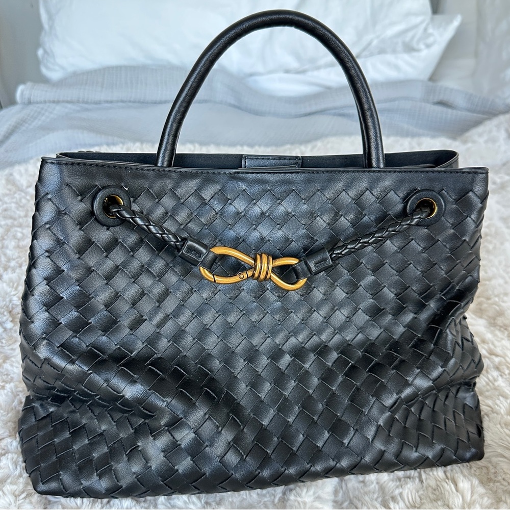 Black Woven Leather Tote with Gold Knot Accent